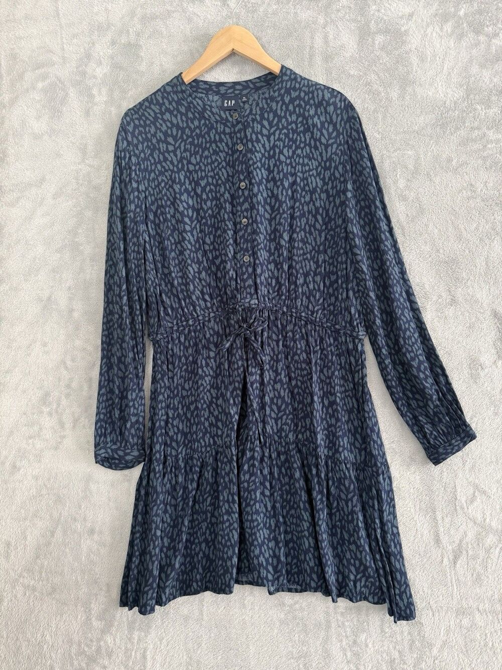 Gap Tiered Dress Womens XL Navy Blue Leopard Print Button Front Drawstring Waist